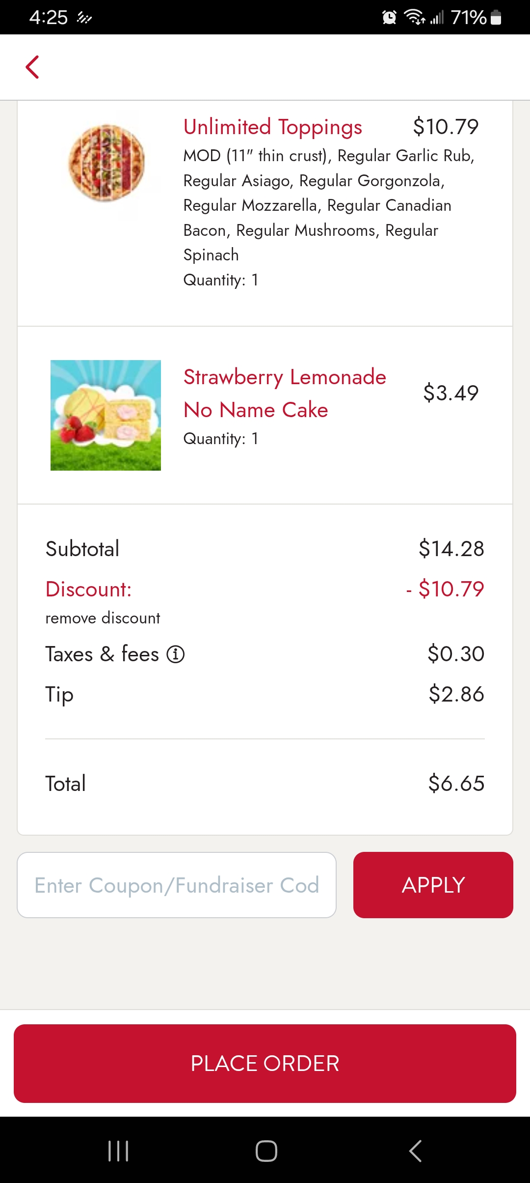 Subtotal of $14.28, discount of $10.79, $0.30 in taxes, $2.86 tip, total of $6.65.